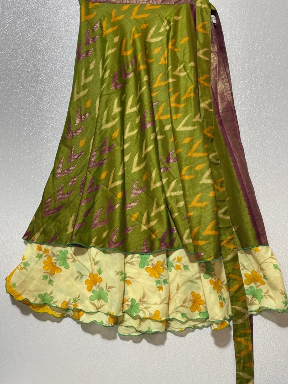 2/$60 SILK Green Maxi Skirt with Floral Cream & Yellow Underskirt